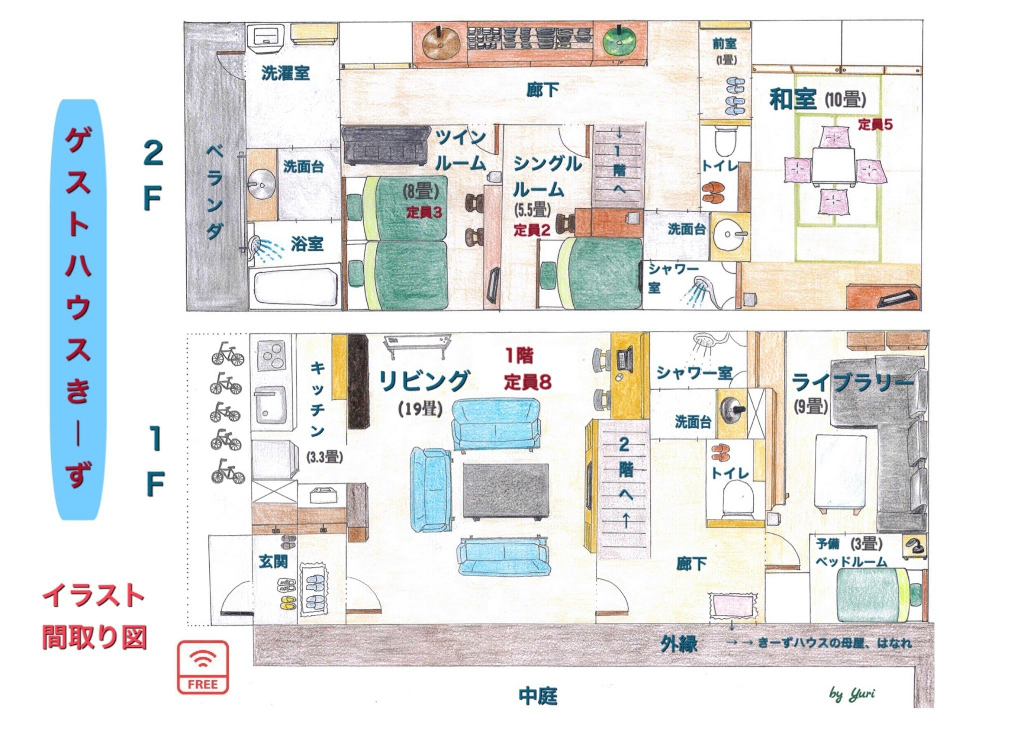 1棟5室(定員18) 準新築 広いリビング付き別荘=自炊可能=ザウターGピアノ有