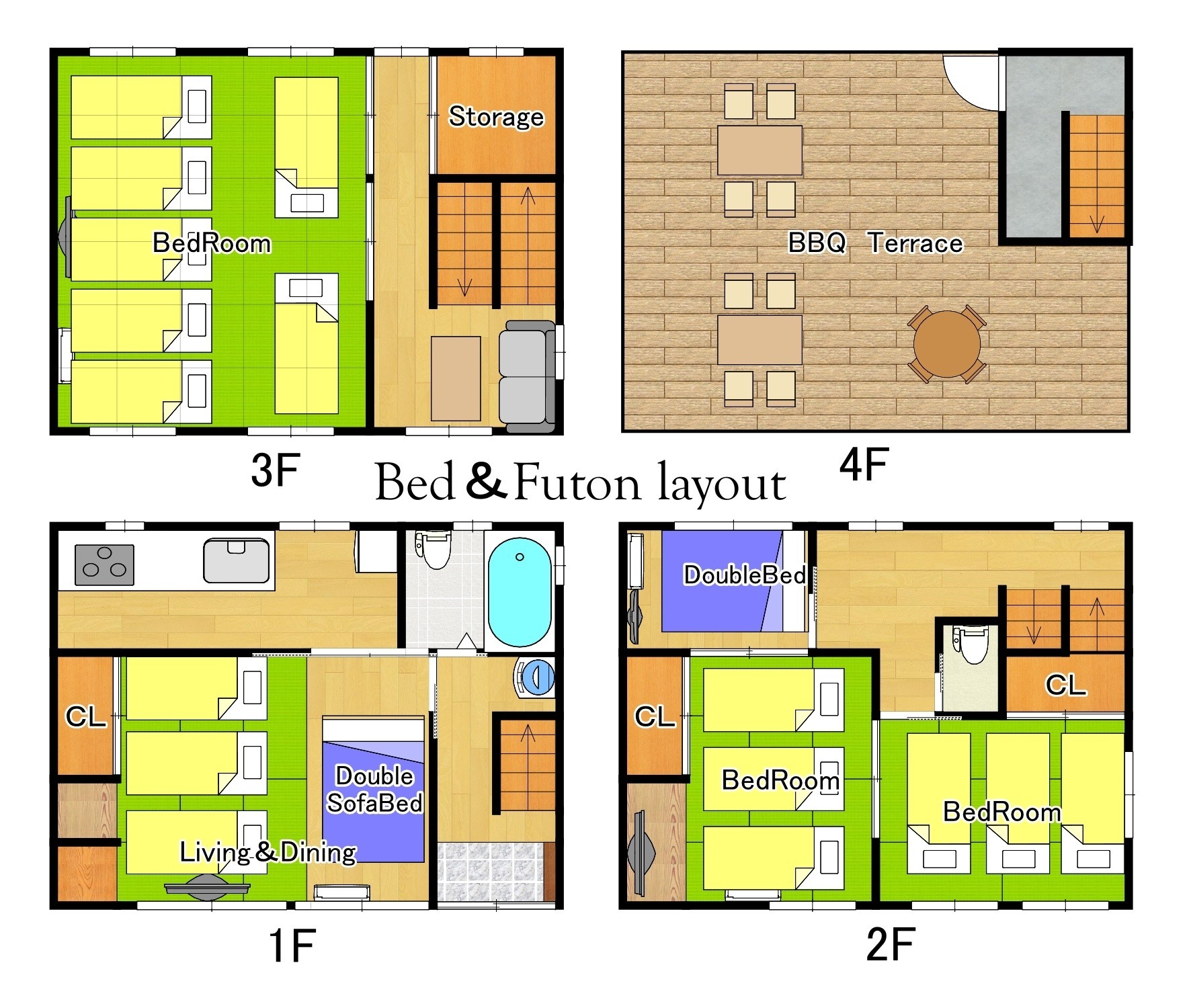 ベッド、布団を最大(20名様分)までご利用した場合のレイアウトになります。