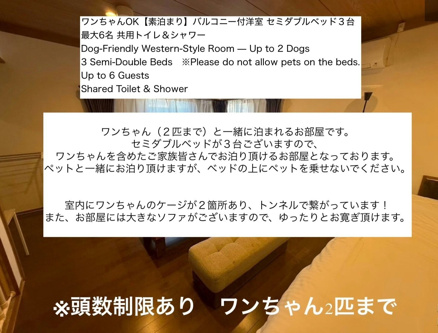 ワンちゃんOK【素泊まり】バルコニー付洋室 セミダブルベッド3台 最大6名 共用トイレ&シャワー