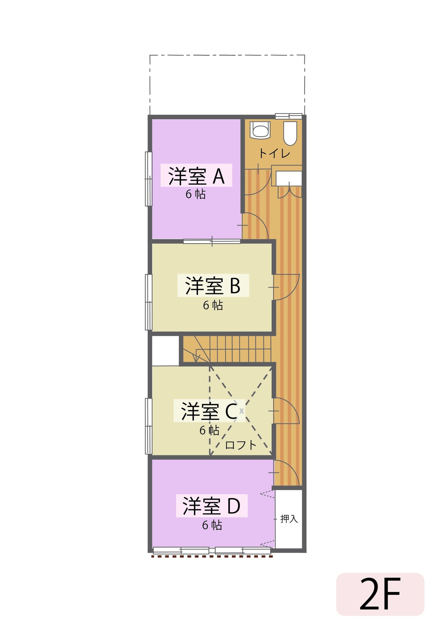 2階は寝室4部屋(シングルベッド8台)、トイレとなります。 The second floor will have 4 bedrooms (8 single beds) and a toilet.