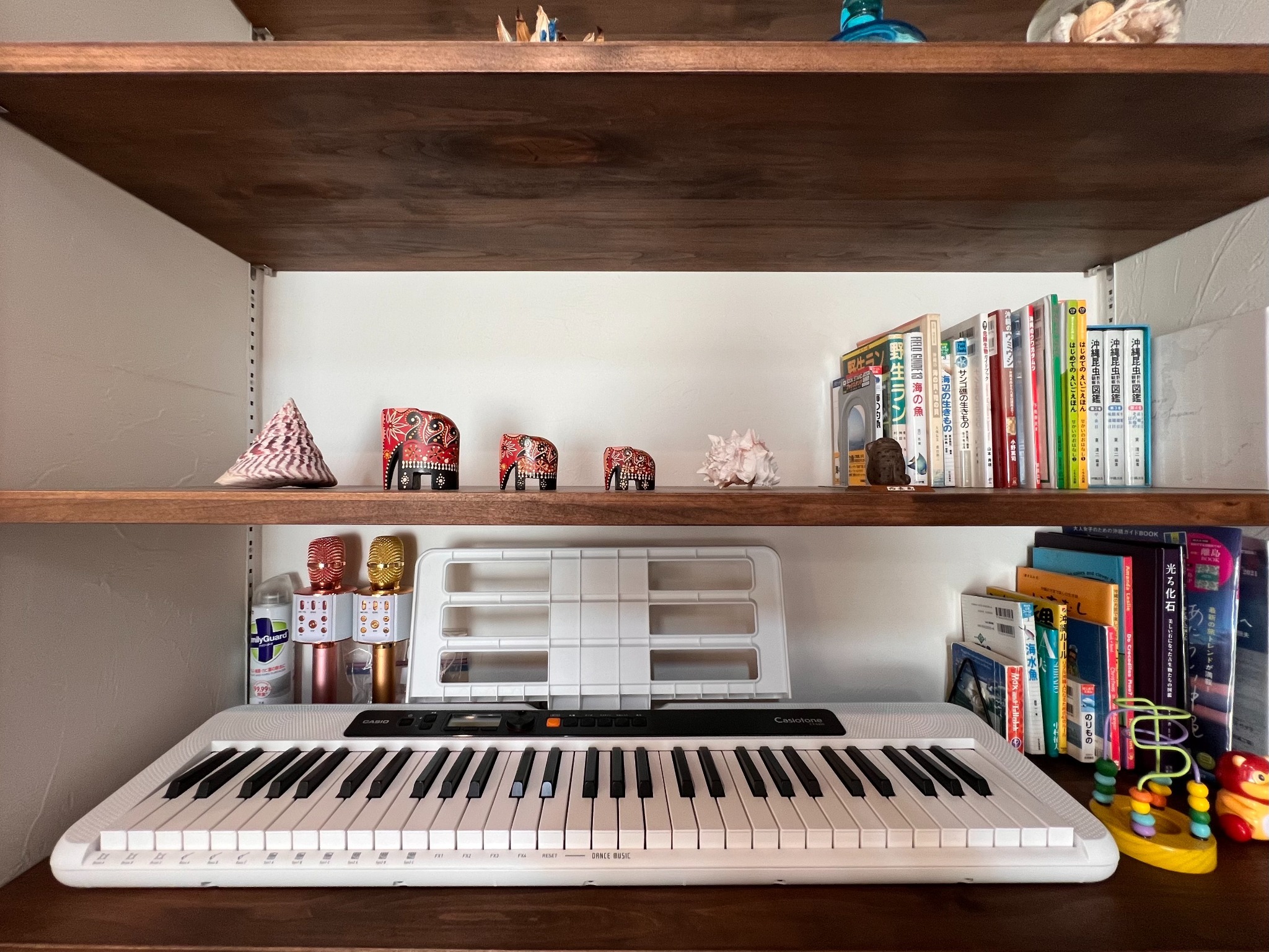 電子ピアノに書籍、Bluetoothのカラオケマイクはアマゾンミュージックにつなげても歌えます