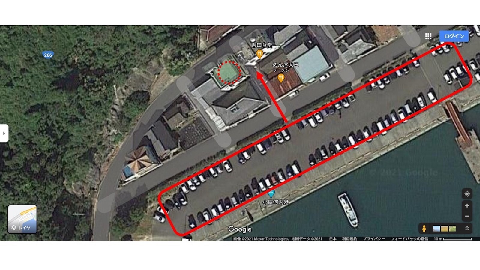 赤枠内の通路を塞がないスペースであれば、お車は自由にお止めいただけます