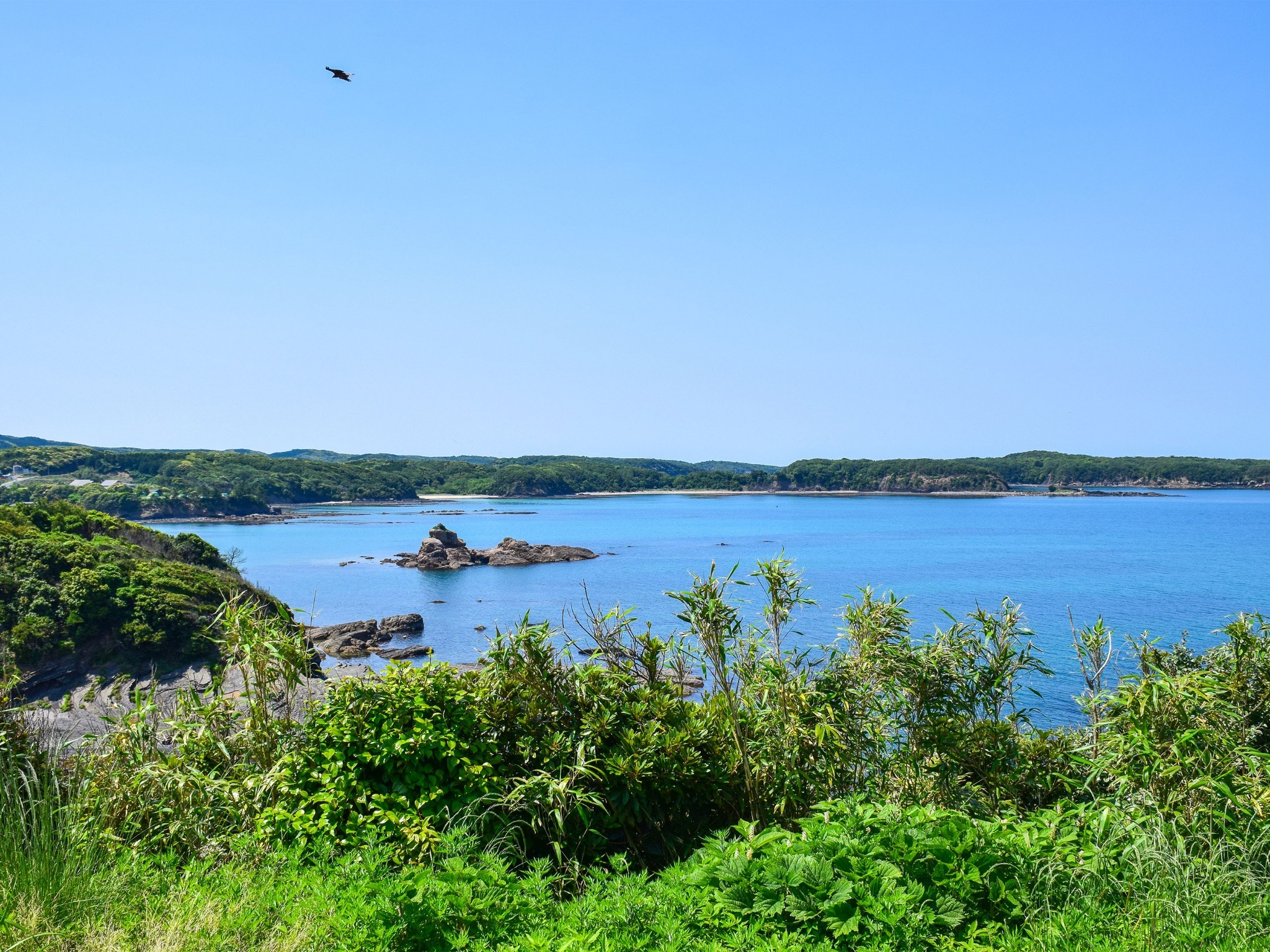 ・【殿崎公園】トレッキングコースから天然白砂で有名な三宇田浜が見えます