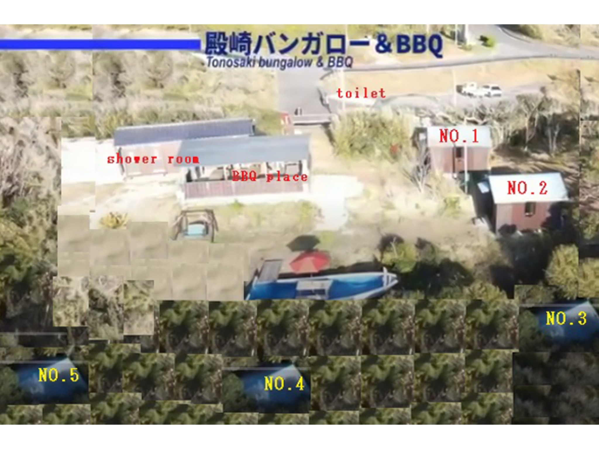 ・【施設マップ】海が一望できる広々した施設内に5つのバンガローを構えています