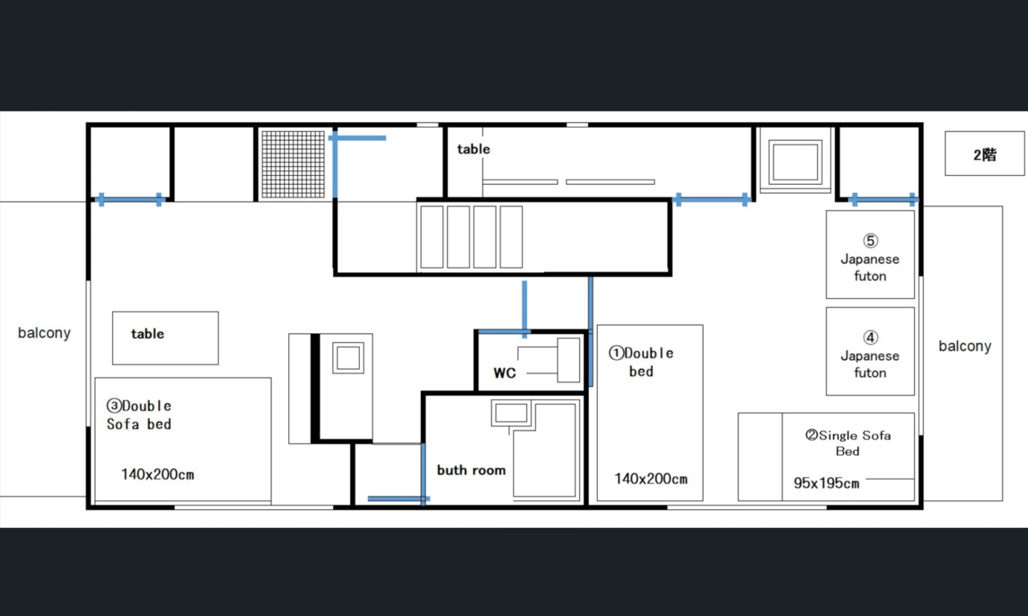 2F・1 double bed ,2 sofa bed(s&w),2 Futon,kitchen