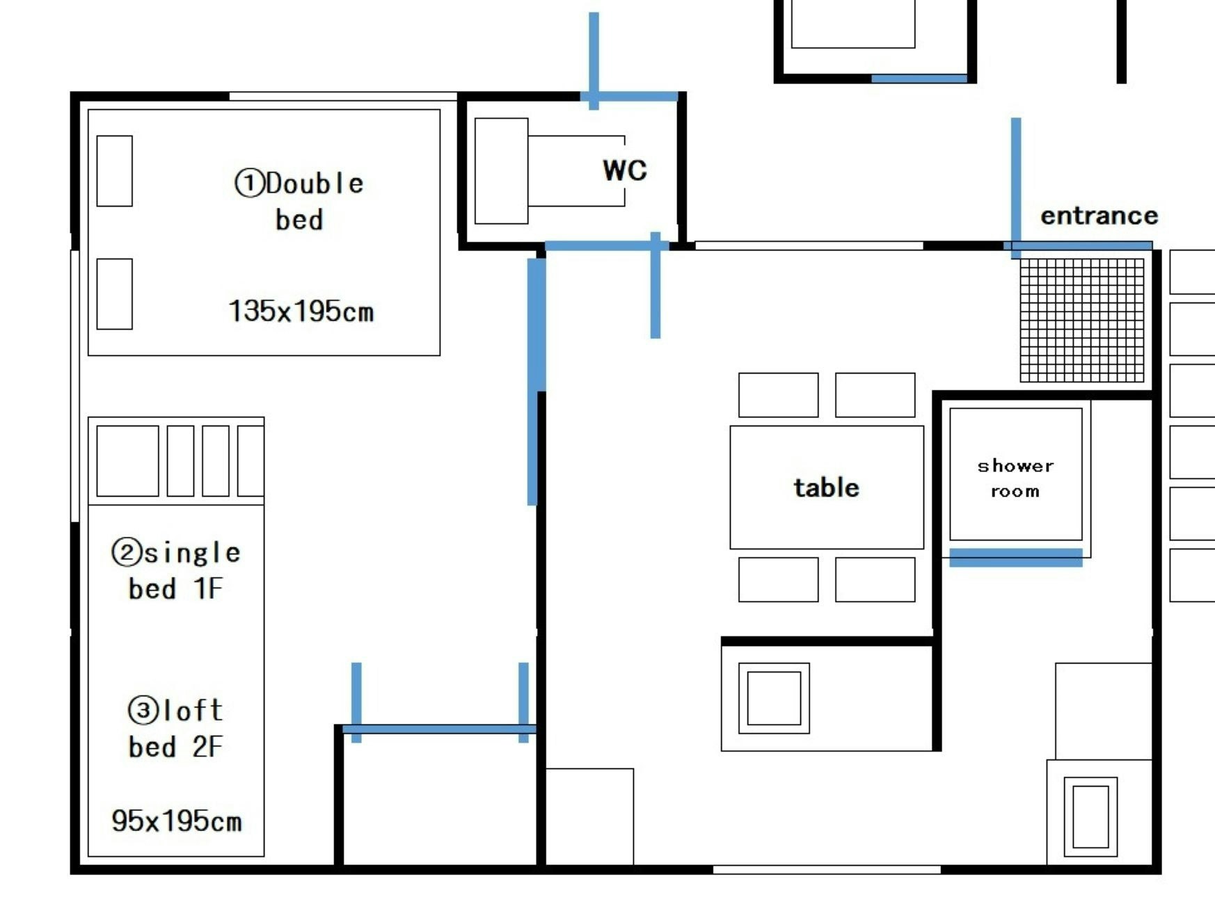 West-1F・1 double bed ,1 bunk beds(2段ベッド),kitchen