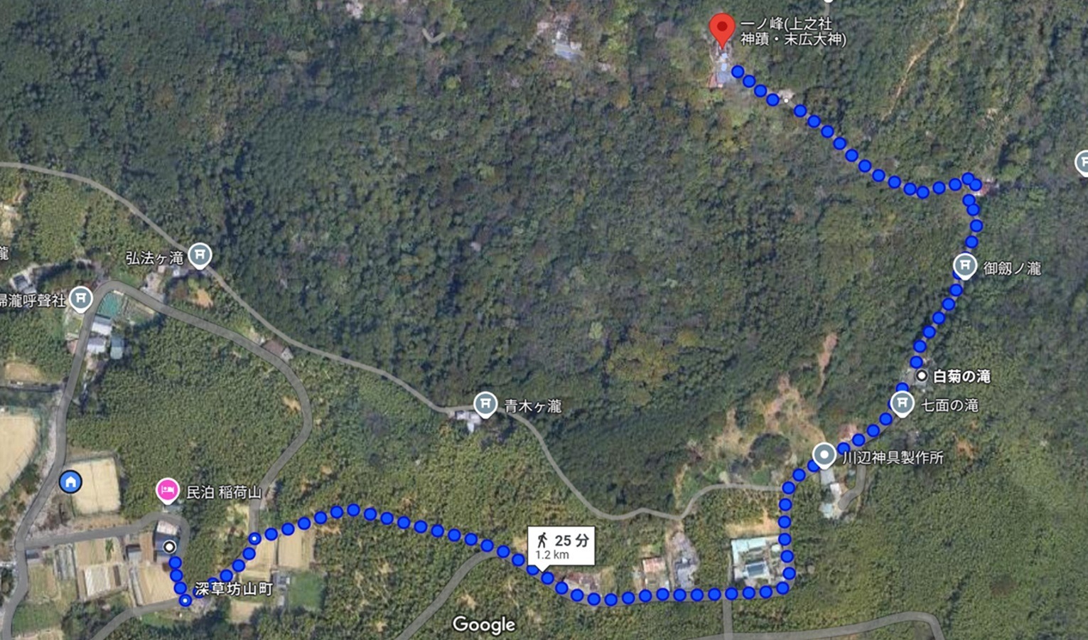 当宿から稲荷山山頂末大神神社まで徒歩約30分で行けます。途中有名な超霊的パワーポイント白菊の滝をお参り出来ます。