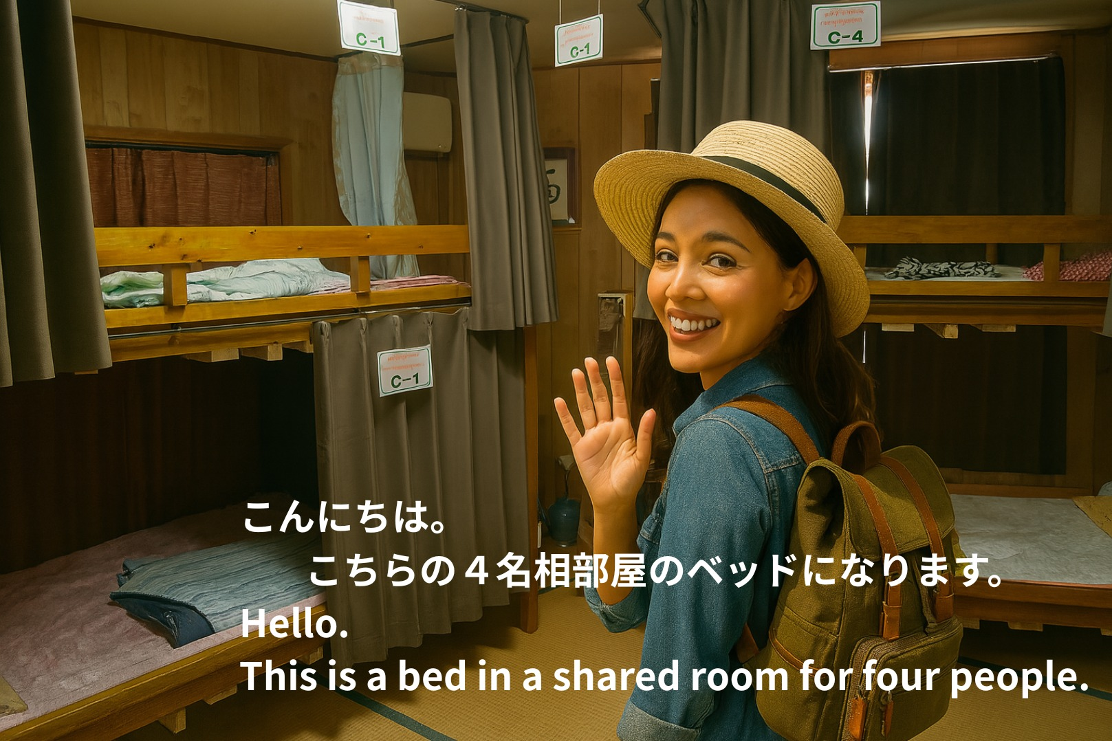 二段ベッド上段(C-4) 一泊1800円(税込)4名相部屋(駐車場なし)チェックイン15時~20時