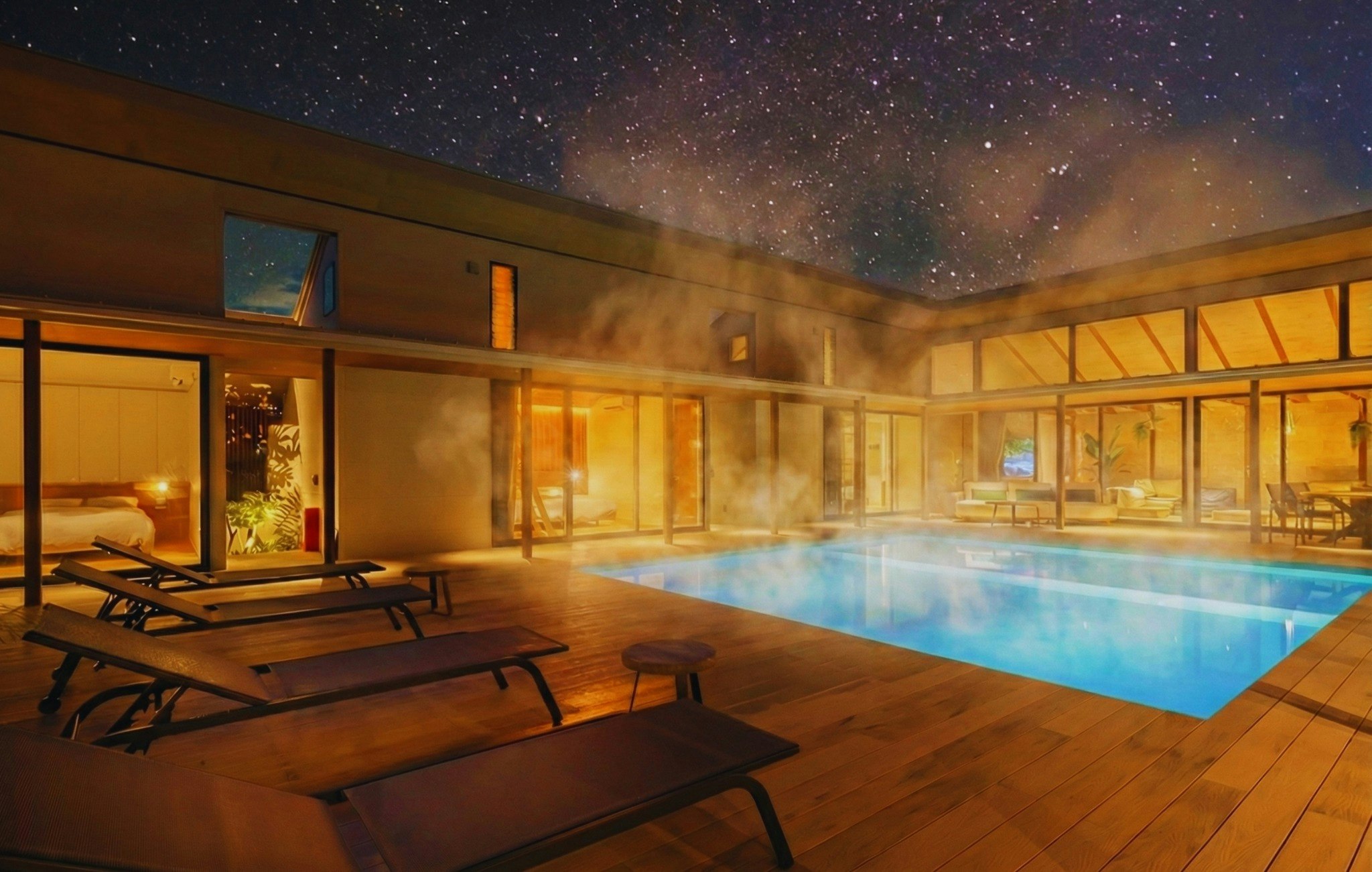 寝室3部屋完備【温水プール&専用サウナ&防風暖房付BBQ】完全貸切プライベートヴィラ