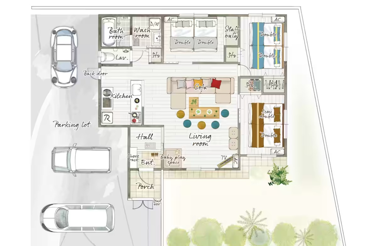 3LDK 広々リビング!|空港・ビーチから車で10分|最大15名OK|別荘気分でくつろげる!