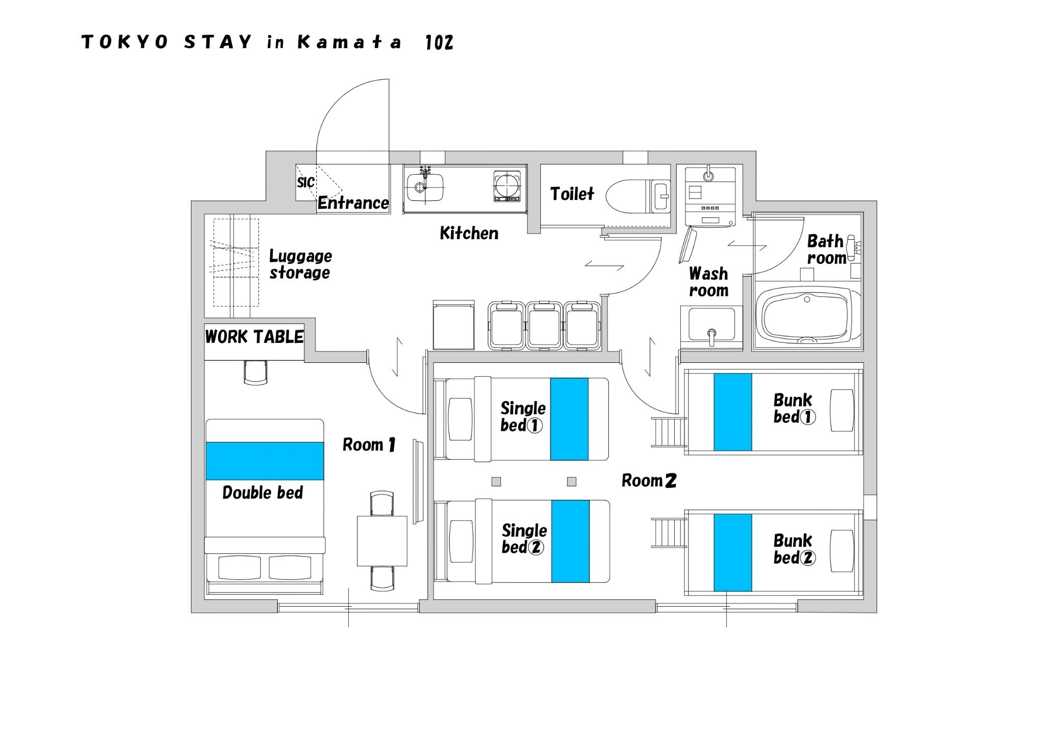 最大7名|家族グループ向け|2K 42.5m2|長期滞在OK@102
