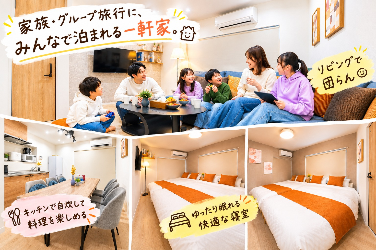 ベッド5台|最大10名|完全貸切戸建て|60m2|リノベーション済み|高速wi-fi|大人数でも快適